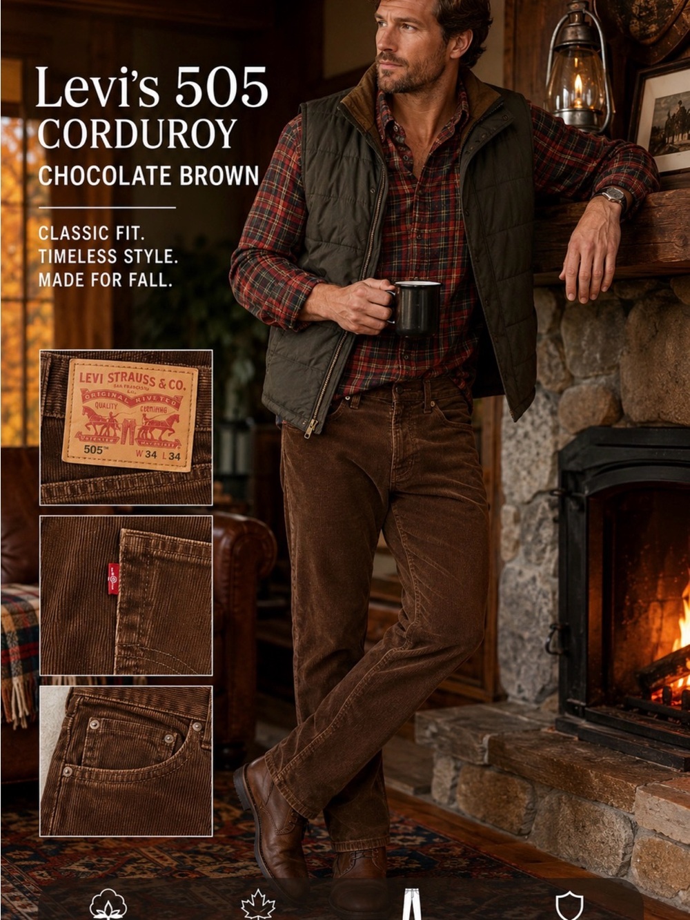 LEVI’S 505 CHOCOLATE BROWN CORDUROY PANTS MEN’S 34X34 FALL WORKWEAR CABIN CORE